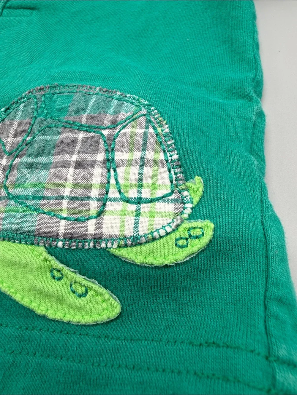 child of mine Green Polo with Turtle Applique and Plaid Shorts 12 Months